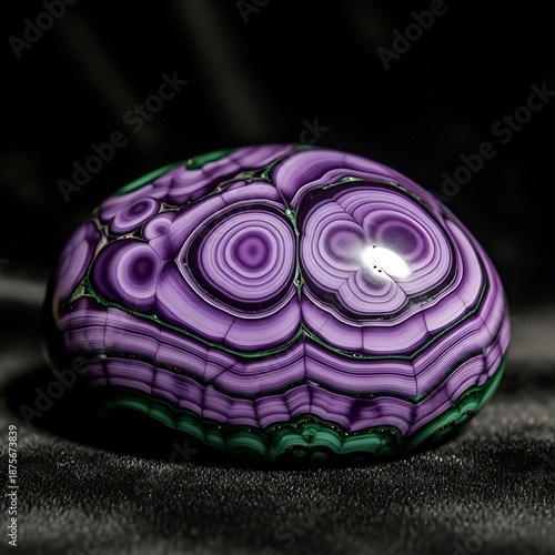 Captivating polished mineral with intricate purple and green concentric patterns, highlighting its natural beauty against a mysterious dark purple background