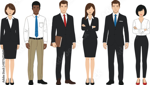 Business, Team, Professional, Attire, Corporate, Diversity, Suit, Shirt, Tie, Skirt, Shoes, Group, People, Workplace, Formal, Office, Standing, Vector, Illustration, Design