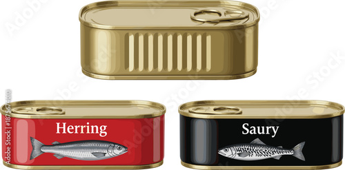 Canned fish vector illustration set showing metal tins of herring and saury seafood packaging isolated on white