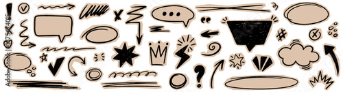 Cut out scrapbook doodle elements. Hand drawn crayon pencil various oval, highlight, emphasis mark, check marks set. Grunge strikethrough and underline. Vector torn craft paper shapes with scribbles