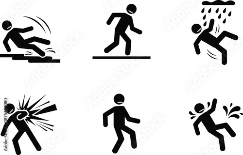 Stick Figure Icons Depicting Slips, Falls, Injuries, and Hazardous Movements for Safety Signage and Risk Awareness Materials
