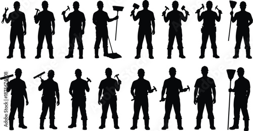Silhouettes of Workers Holding Tools Depicting Manual Labor, Construction, Maintenance, and Industrial Occupations in Uniform Poses