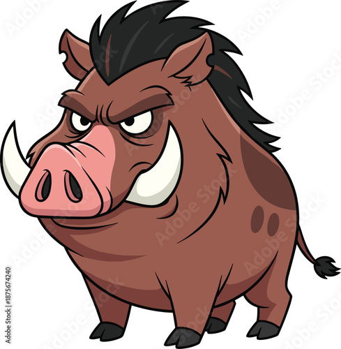Cartoon warthog character with tusks, stern expression, pink snout, dark mane, wild animal theme - flat vector illustration