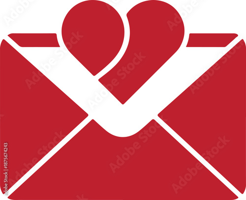 A vibrant red envelope icon featuring two hearts emerging from its top on a clean white background