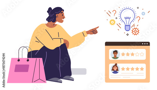 Consumer feedback, e-commerce, online reviews, innovation, creative thinking, business strategy. Woman pointing at lightbulb with stars and ratings panel visible. Consumer feedback and e-commerce