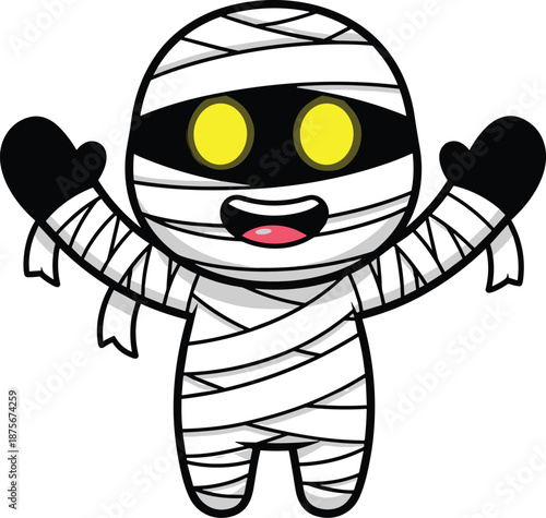 Cute cartoon mummy character with glowing eyes, heart hands, Halloween costume, smiling bandaged figure, kids theme - flat vector illustration