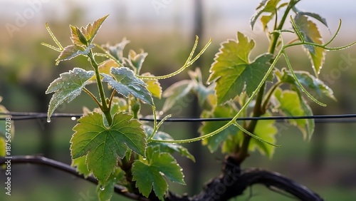 Vineyard morning dew on fresh green grape leaves, macro photography with a soft purple background