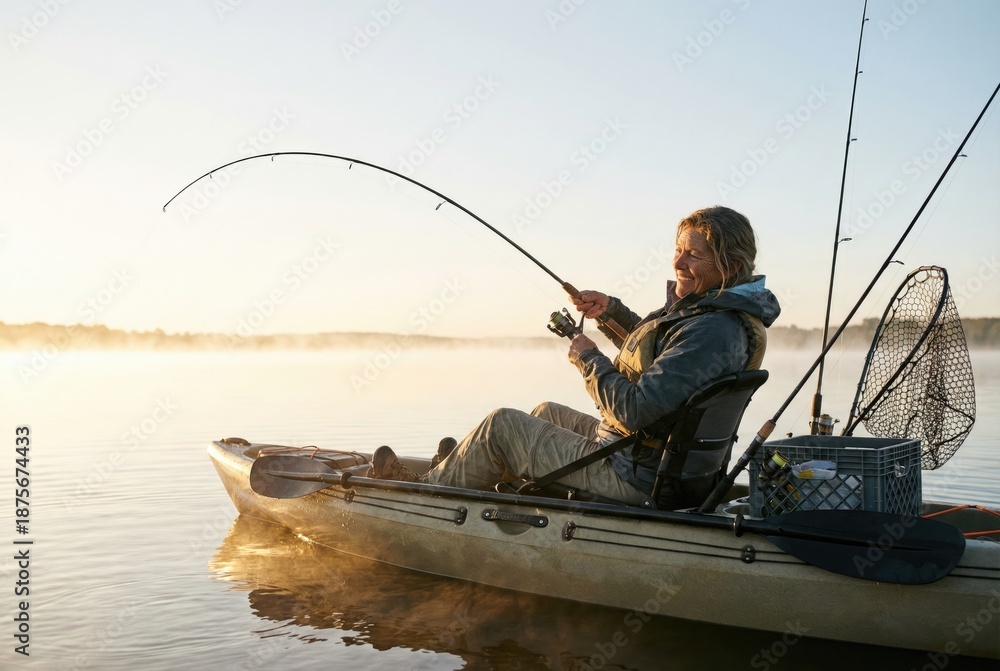 Obraz premium Fishing from a kayak in early morning light on a calm lake with mist rising above the water