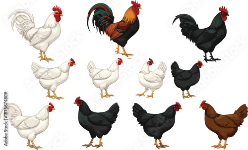 Chicken and rooster vector illustration set featuring farm poultry in different poses and colors isolated on white