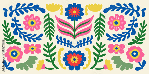 vibrant floral pattern with colorful flowers and leaves