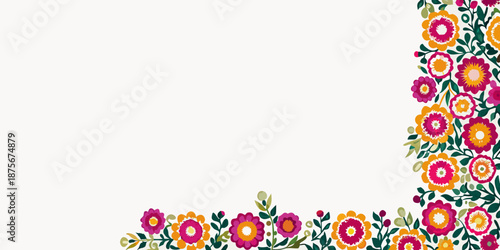 colorful flowers border corner design with green leaves and vibrant petals