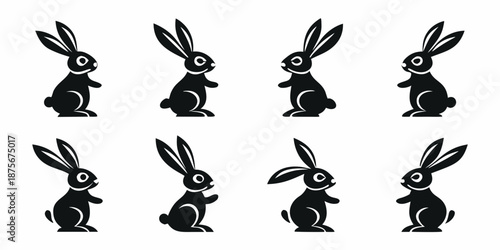 set of six black cartoon rabbits in different poses on white background