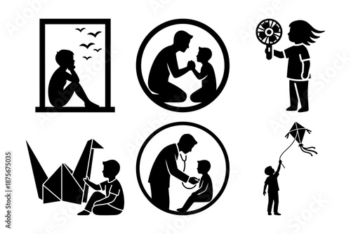 Autism awareness day silhouette showing adult guiding child with care