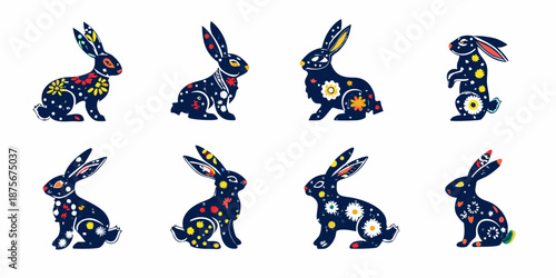 a group of colorful rabbits with floral patterns on their fur sitting