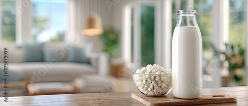Soft milk products displayed on a wooden board with cottage cheese in a glass bowl and a bottle of milk set against a blurred kitchen interior
