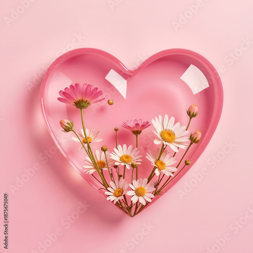 A pink glass heart with wildflowers inside.