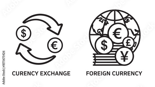 Currency Exchange and Foreign Currency Global Finance Concept Icons