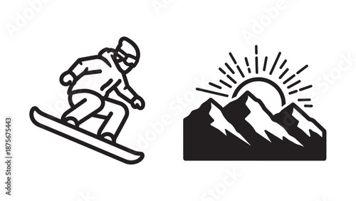 Winter Sports Snowboarder and Mountain Peak Sunset Silhouette Icons