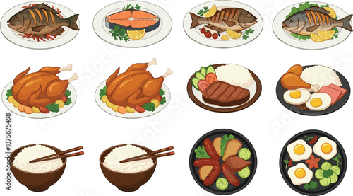 Collection of traditional Asian food dishes featuring fish, chicken, rice, eggs, and meat vector illustrations