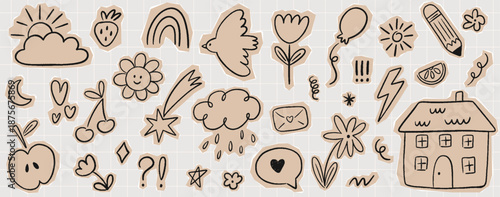 Cut out funky kids scrapbook doodle elements. Hand drawn crayon scribble collage children stickers set. Vector torn craft paper shapes with texture for design notebooks, diaries, journaling