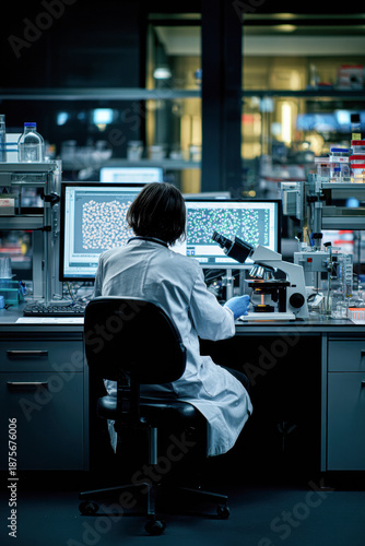 A scientist in a lab coat examines samples under a microscope, focused on research at a workstation with multiple screens and scientific equipment.
