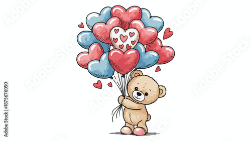 Adorable Teddy Bear Holding Bunch Of Heart Shaped Balloons On White Background cute