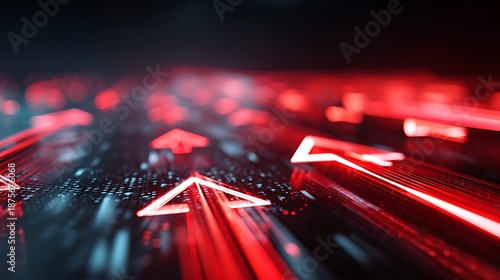 Dynamic visual of bright red arrows speeding forward, with blurred trails against a dark background