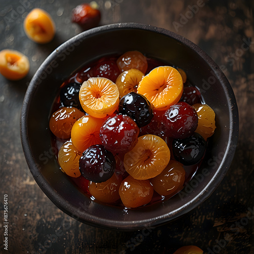 Warm dried fruit compote in a rustic bowl with glazing syrup