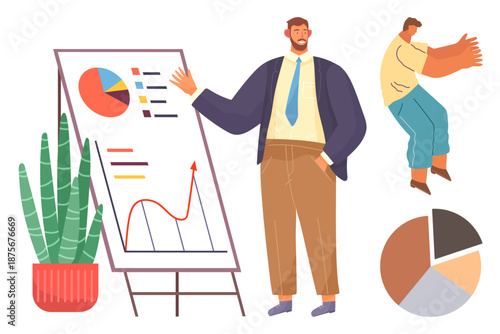 Business strategy, teamwork, data analysis, corporate planning, presentation tools, collaborative discussions. Man presenting charts and graphs. Business strategy and data analysis concept