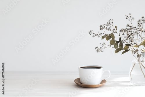 Minimal White Coffee Cup on Wooden Table with Soft Natural Light