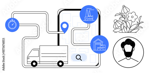Logistics, delivery services, location tracking, supply chain management, e-commerce, route optimization. A truck on a route with location markers and associated icons. Logistics and delivery