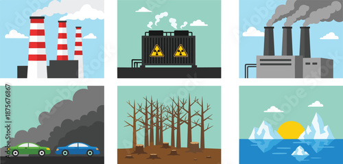 Pollution, Climate, Deforestation, Factory, Smoke, Car, Exhaust, Global, Warming, Environment, Hazard, Emission, Damage, Industrial, Radiation, Iceberg, Trees, Vector, Design, Illustration
