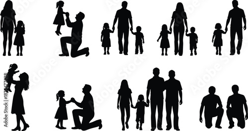 Family silhouettes illustration set showing parents and children together, love and bonding moments, father, mother and kids poses, happy family lifestyle concept