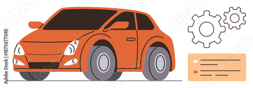 Automotive industry, car design, vehicle maintenance, technology, innovation, engineering. Orange car with two gears and a chart. Automotive technology and innovation concept
