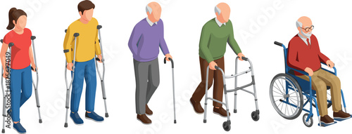 Isometric Disabled and Elderly People Icon Set Using Crutches, Canes, Walkers, and Wheelchair for Healthcare, Accessibility, and Medical Designs