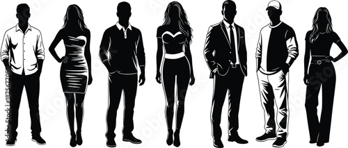 Fashion people silhouettes illustration set with men and women in modern outfits, stylish urban characters collection, casual and formal clothing poses, black vector design