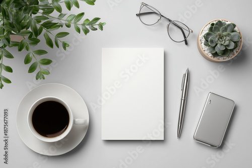 Modern Workspace Flat Lay with Coffee, Notebook and Green Plant