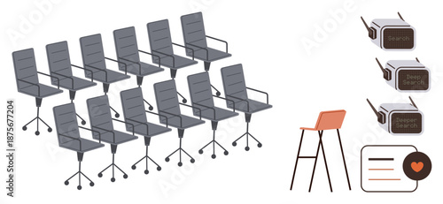 Work environment, productivity tools, team collaboration, office interior, online search, modern communication. Rows of office chairs, high stool search boxes and communication icons. Work