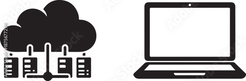 Black and white of laptop connected to cloud storage and servers computer