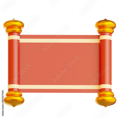 Blank Red Chinese Scroll with Golden Finials, a Decorative Element for Traditional Asian Art and Calligraphy Displays