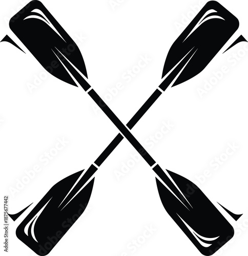 Crossed rowing paddles silhouette illustration, canoe and kayak oars symbol, water sport equipment icon, outdoor adventure, boating and rafting concept design