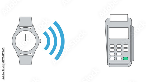 Smartwatch Contactless Payment via NFC with POS Terminal, Wireless Mobile Transaction Concept, Flat Vector Illustration