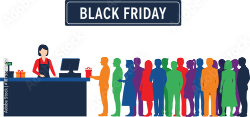 Black Friday shopping illustration with long customer queue at checkout counter, retail sale event concept, discount promotion, crowded store, consumer behavior scene