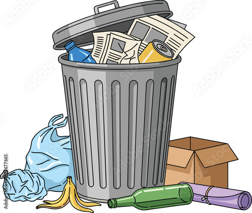 Overflowing trash can with household waste items, garbage and recycling concept illustration, plastic bottle, food waste, cardboard box, environmental pollution problem