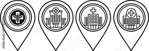 Medical location pin icons set with hospital and healthcare symbols, map markers for clinic, emergency, medical center navigation, flat line illustration design