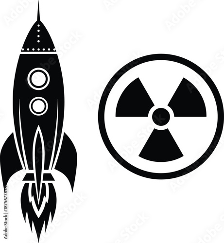 Rocket launch silhouette and nuclear radiation symbol icons, black vector illustration set representing science, space technology, energy, danger warning and futuristic concepts