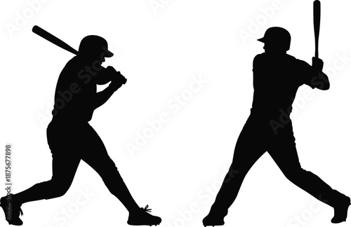 Baseball player silhouette illustration showing batter swing and hitting stance, black athlete figures set for sport, competition, training and athletic action concepts