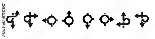 Road navigation arrows set. Navigation arrows with round location icons for road maps, traffic direction, path planning and turn guidance