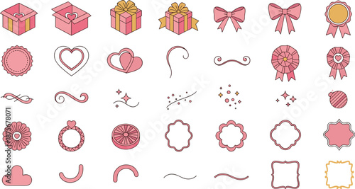 Charming pink and gold gift icons and decorations for Valentine's Day or wedding