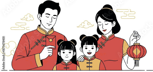 Vibrant illustration depicting a happy Asian family embracing their rich cultural heritage, dressed in traditional festive attire and holding a lantern, symbolizing joy and togetherness